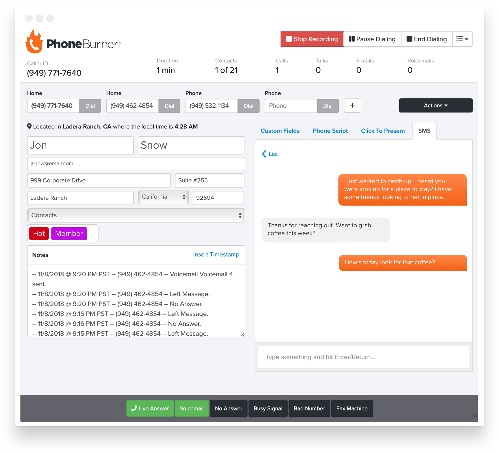 power dialer with sms text messaging capabilities